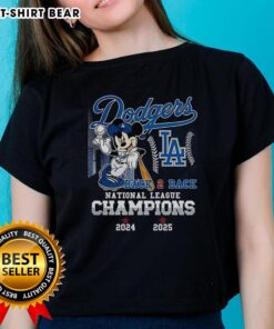 Alt Text: Awesome Mickey Mouse X Los Angeles Dodgers 2025 Ladies Tee celebrating back-to-back National League Champions.