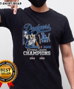 Awesome Mickey Mouse X Los Angeles Dodgers Back To Back National League Champions 2025 T-Shirt featuring vibrant graphics.