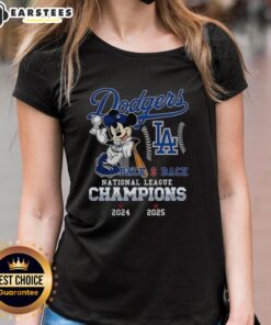 Ladies tee featuring Awesome Mickey Mouse and Los Angeles Dodgers National League Champions design 2024-2025.