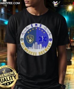 Awesome Milwaukee Brewers Heartbeat Ems City Skyline T-Shirt featuring a vibrant city skyline and team logo design.