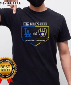 Alt Text: Awesome Milwaukee Brewers vs Los Angeles Dodgers 2025 NLCS matchup T-shirt featuring team logos and vibrant graphics.