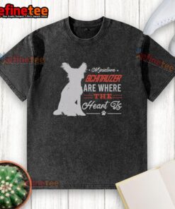 Awesome Miniature Schnauzer 'Home is Where the Heart Is' washed T-shirt design featuring a cute schnauzer graphic.