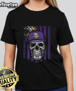 Awesome Minnesota Vikings NFL skull graphic on American flag tee for football lovers, perfect for ladies.