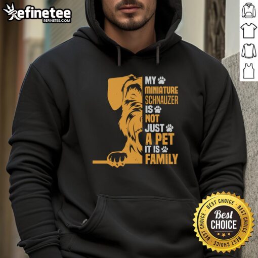 Awesome hoodie featuring a Miniature Schnauzer with the phrase 'Not Just a Pet, Its Family' for dog lovers.