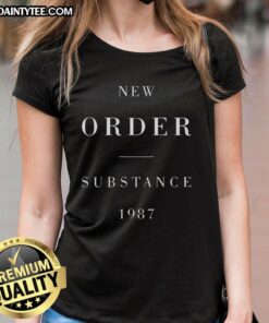 Alt Text: Awesome New Order Substance 1987 ladies tee featuring vibrant graphic design, perfect for fans of iconic music merchandise.