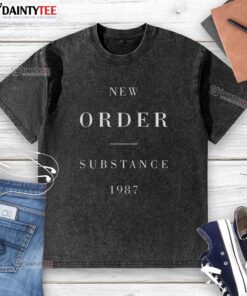 Awesome New Order Substance 1987 washed t-shirt featuring iconic album art and vintage style for music fans.