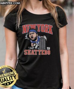 Awesome New York Giants Cam Skattebo homage royal caricature ladies tee featuring vibrant graphics and team spirit.