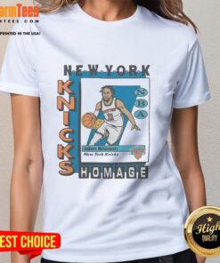 Alt Text: Awesome New York Knicks trading card featuring Jalen Brunson on a stylish ladies tee, perfect for fans.