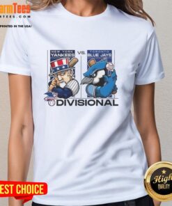 Alt Text: Awesome New York Yankees vs Toronto Blue Jays ALDS 2025 ladies tee featuring team mascots and vibrant design.
