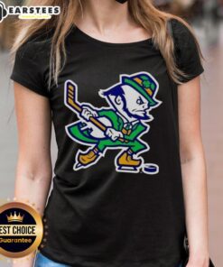 Alt Text: Awesome Notre Dame Fighting Irish Hockey leprechaun graphic on a ladies tee, perfect for fans and sports enthusiasts.