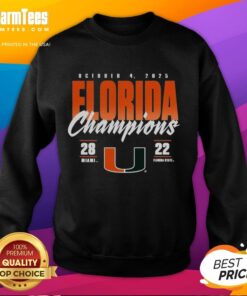 Miami Hurricanes vs Florida State Seminoles 2025 State Champions sweatshirt featuring bold team logos and vibrant colors.