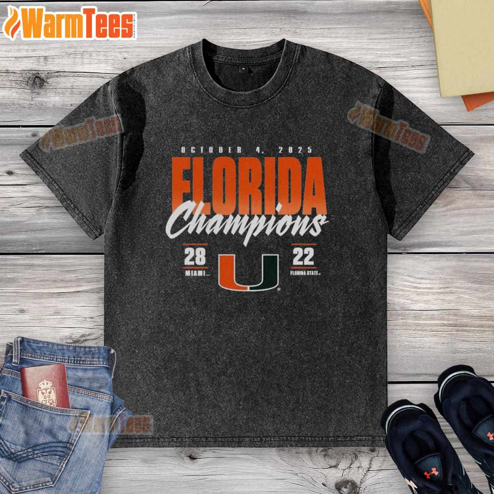 awesome-official-miami-hurricanes-vs-florida-state-seminoles-2025-state-champions-score-washed-t-shirt Awesome Miami Hurricanes vs Florida State Seminoles 2025 State Champions Score Washed T-Shirt design for fans.