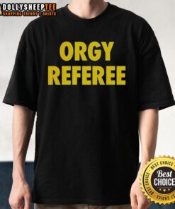 Awesome Orgy Referee Logo T-Shirt featuring a playful referee graphic, perfect for fun and unique casual wear.