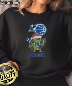 Awesome Orlando Magic Christmas Grinch Santa Hat Holiday 2025 Sweatshirt design featuring vibrant colors and festive graphics.
