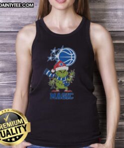Orlando Magic Christmas tank top with Grinch Santa hat design for the holiday season 2025, perfect for festive fans.