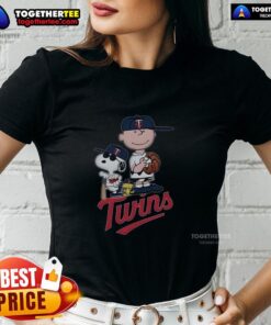 Awesome Peanuts characters on a Minnesota Twins ladies tee, perfect for fans of baseball and classic cartoons.