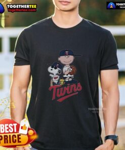 Awesome Peanuts Characters Minnesota Twins T-Shirt featuring classic comic characters in team colors, perfect for fans.
