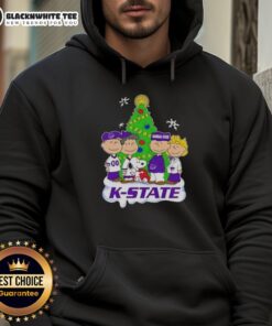 Awesome Peanuts characters Kansas State Wildcats Christmas hoodie featuring festive designs and vibrant colors.