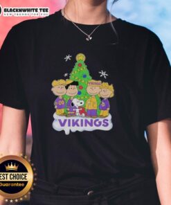 Awesome Peanuts characters on a Minnesota Vikings Christmas ladies tee, perfect for holiday cheer and NFL fans.