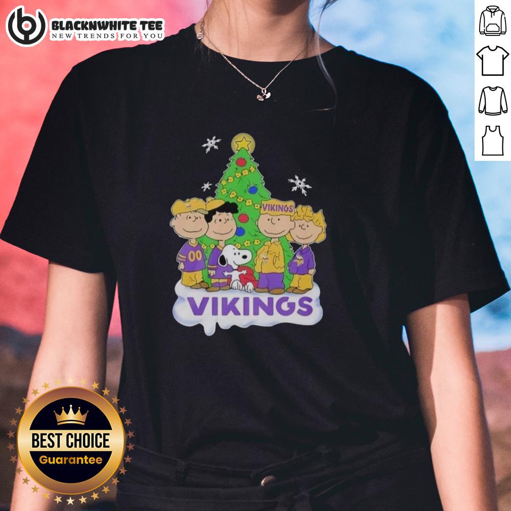 Awesome Peanuts Characters X Minnesota Vikings Chrismas Ladies Tee Awesome Peanuts characters on a Minnesota Vikings Christmas ladies tee, perfect for holiday cheer and NFL fans.