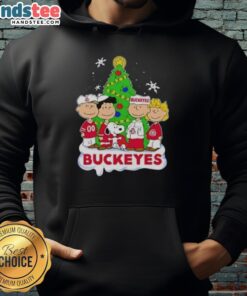 Awesome Peanuts characters on an Ohio State Buckeyes Christmas hoodie, perfect for festive fans and holiday cheer.