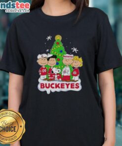 Awesome Peanuts characters on an Ohio State Buckeyes Christmas ladies tee for festive fans and holiday cheer.