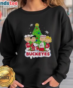 Awesome Peanuts characters on Ohio State Buckeyes Christmas sweatshirt, perfect for holiday cheer and fandom.