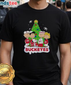 Awesome Peanuts characters on an Ohio State Buckeyes Christmas T-shirt, perfect for festive fans and holiday cheer.