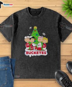 Awesome Peanuts characters on an Ohio State Buckeyes Christmas washed t-shirt, perfect for festive fans.