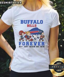Awesome Peanuts Snoopy and Friends Buffalo Bills Forever Ladies Tee featuring a playful design celebrating team spirit.