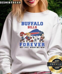 Alt Text: Awesome Peanuts Snoopy and Friends Buffalo Bills Forever sweatshirt, perfect for fans celebrating every game.