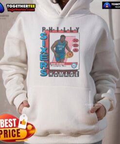 Alt Text: Awesome Philadelphia 76ers trading card hoodie featuring Joel Embiid design, perfect for basketball fans.