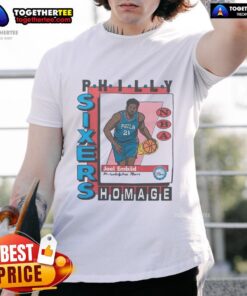 Alt Text: Awesome Philadelphia 76ers trading card t-shirt featuring Joel Embiid, perfect for fans and collectors.