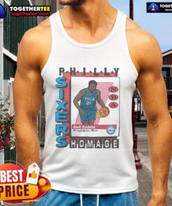 Awesome Philadelphia 76ers trading card featuring Joel Embiid on a stylish tank top, perfect for basketball fans.