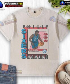 Alt Text: Awesome Philadelphia 76ers trading card featuring Joel Embiid on a stylish washed t-shirt design.