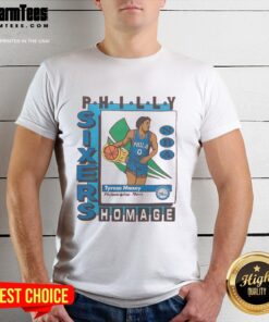 Alt Text: Awesome Philadelphia 76ers trading card design featuring Tyrese Maxey on a stylish T-shirt. Perfect for fans!