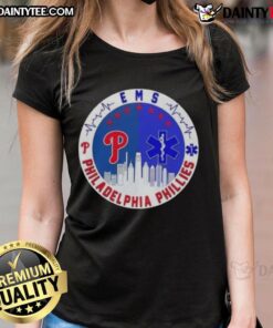 Ladies tee featuring an awesome Philadelphia Phillies heartbeat design with the city skyline in the background.