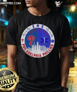 Awesome Philadelphia Phillies heartbeat city skyline T-shirt featuring bold graphics and vibrant colors for fans.