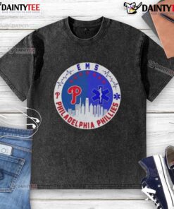 Awesome Philadelphia Phillies Heartbeat EMS City Skyline Washed T-Shirt featuring a vibrant cityscape design.