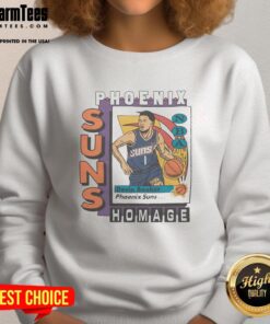 Alt Text: Awesome Phoenix Suns trading card sweatshirt featuring Devin Booker, perfect for fans and collectors alike.