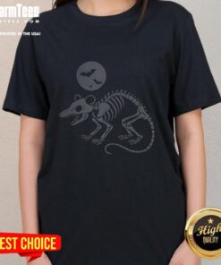 Awesome playing opossum skeleton under a full moon with bats for Halloween on a ladies tee shirt.