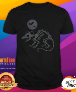 Awesome playing opossum skeleton under the moon with bats Halloween T-shirt design for spooky festivities.