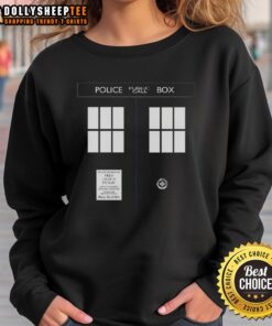 Alt Text: Awesome Police Public Call Box TARDIS sweatshirt featuring iconic blue box design for Doctor Who fans.