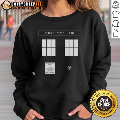 Alt Text: Awesome Police Public Call Box TARDIS sweatshirt featuring iconic blue box design for Doctor Who fans.