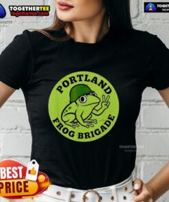 Awesome Portland Frog Brigade Protest Ladies Tee featuring vibrant frog graphics and bold protest slogans.