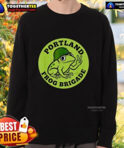 Alt Text: Awesome Portland Frog Brigade protest sweatshirt featuring vibrant design and eco-friendly message.