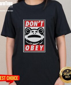 Alt Text: Awesome Portland frog graphic on a tee, urging you not to obey, perfect for casual wear and frog lovers.