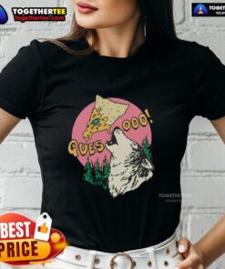 Awesome Queso Lupus Wolf Pizza Ladies Tee showcasing a playful wolf graphic with pizza and vibrant colors for pizza lovers.