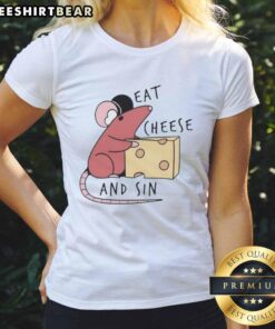 Awesome rat eating cheese on a stylish 'Sin Ladies' tee shirt, perfect for animal lovers and quirky fashion fans.