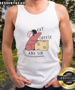 Adorable rat wearing a tank top enjoys a piece of cheese, showcasing its charming personality and playful nature.